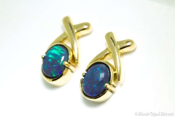 Gold Cross earrings with black opal (blue green) - Image 2