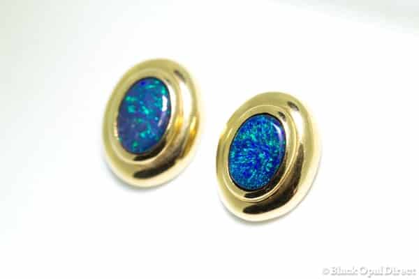 Gold Ningaloo earrings with black opal doublets (green blue) - Image 2