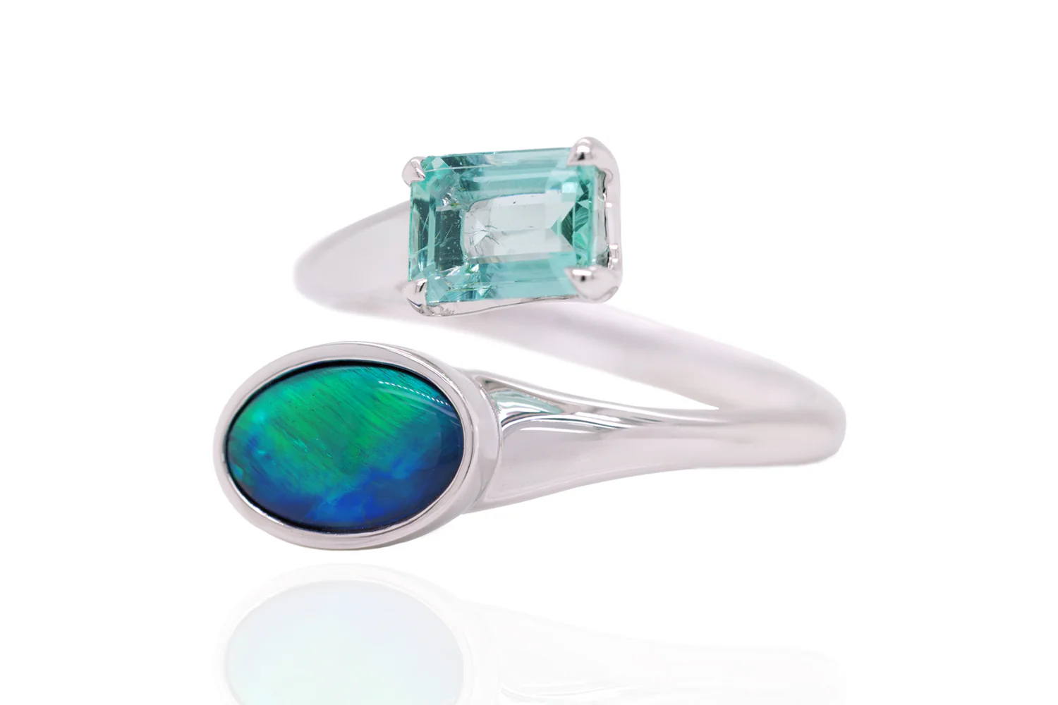 Spirit White Gold Ring — black opal & green beryl - Image 3